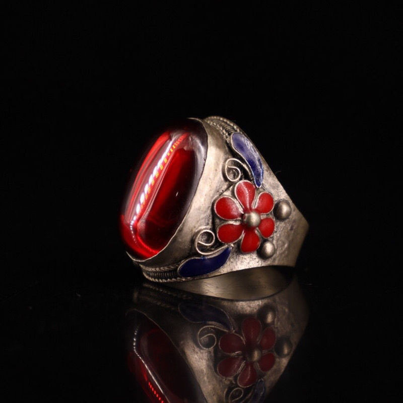 Antique Collection Chinese Old Inlaid Jade Cloisonne Blue Flower Ring