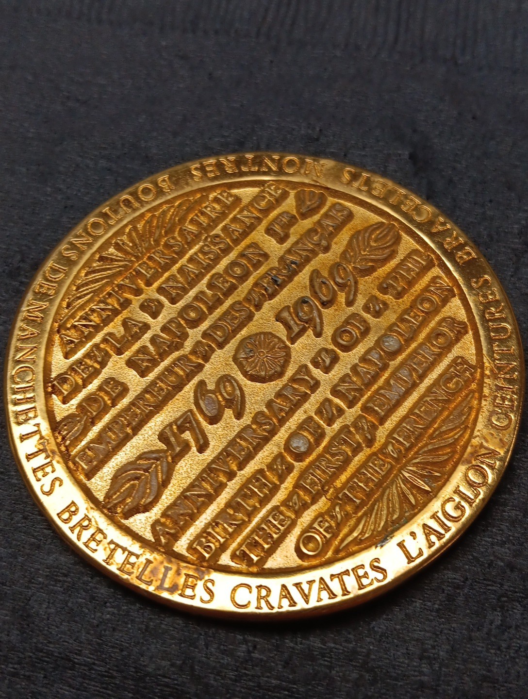 1969 Anniversary Of Napoleons Birth Medal 69mm 2-3/4 Inch Large Gold Plated