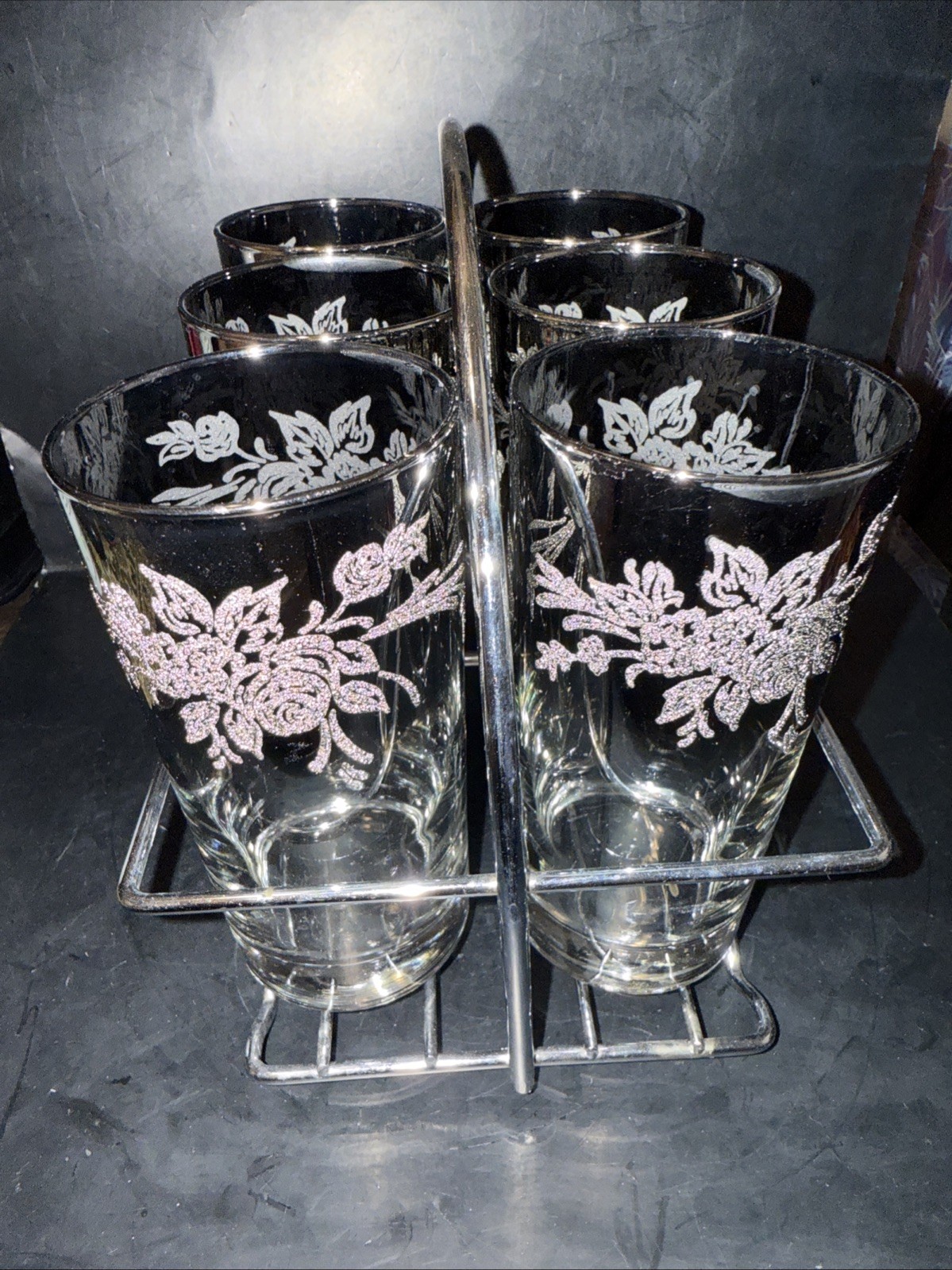 Vintage Set Of 6 MCM 5.5” Tall Silver Flowers Glasses With Metal Carrier