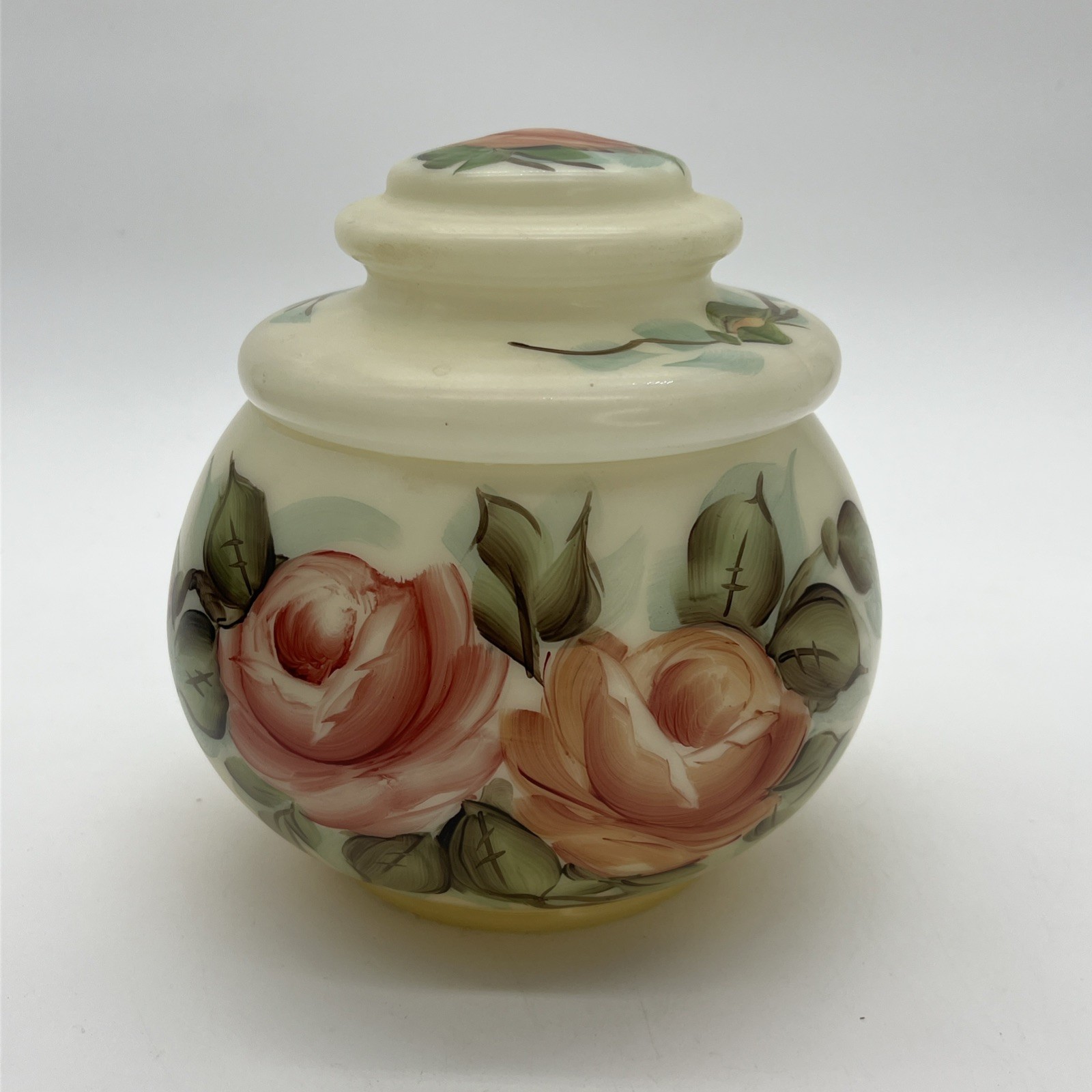 Vintage Milk Glass Hand Painted Roses Satin Finished Lidded Jar 7”