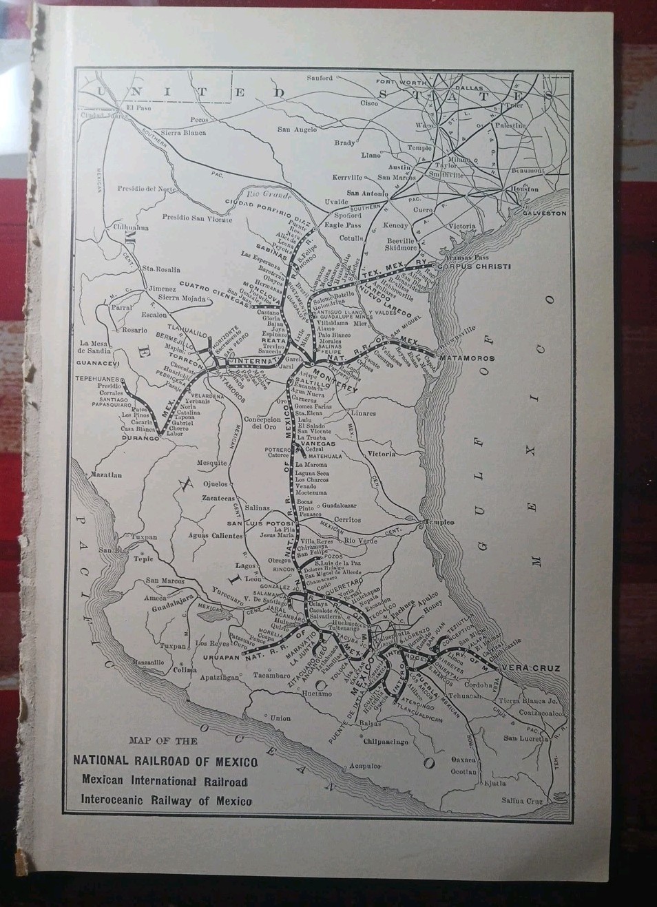 ~1904 Train Route Map NATIONAL RAILROAD OF MEXICO Interoceanic Railway All Lines