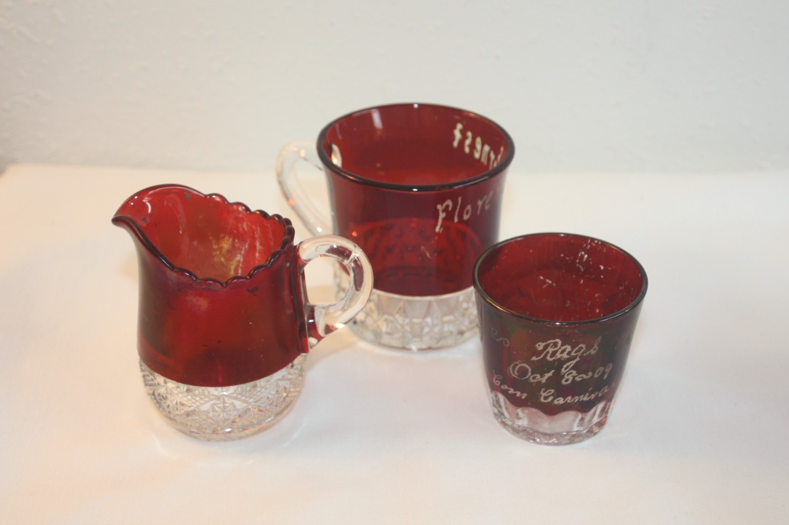 Group of 3 Ruby Flash Souvenir Cup, Pitcher & Shot Glass