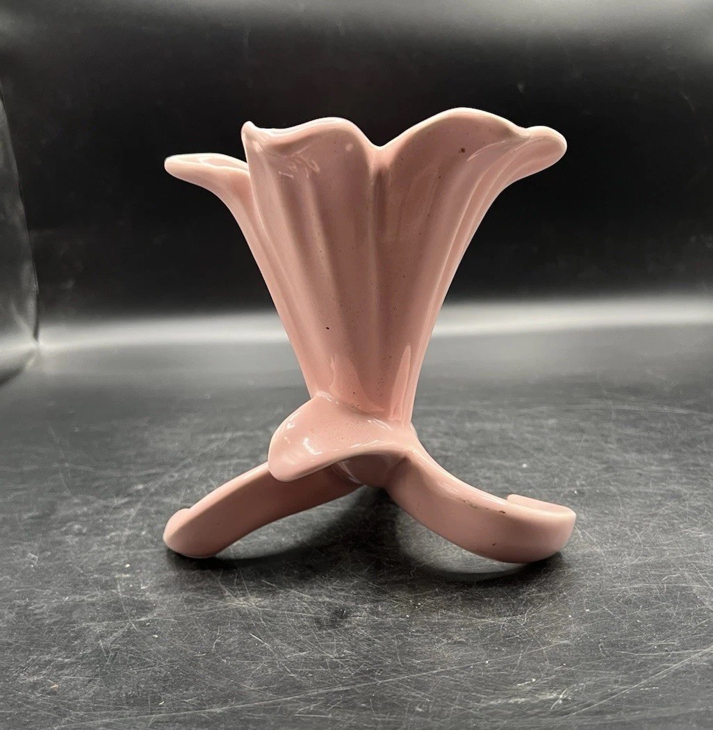 Ceramic Vase Pink Flower Iris Cornucopia Vintage Mid Century