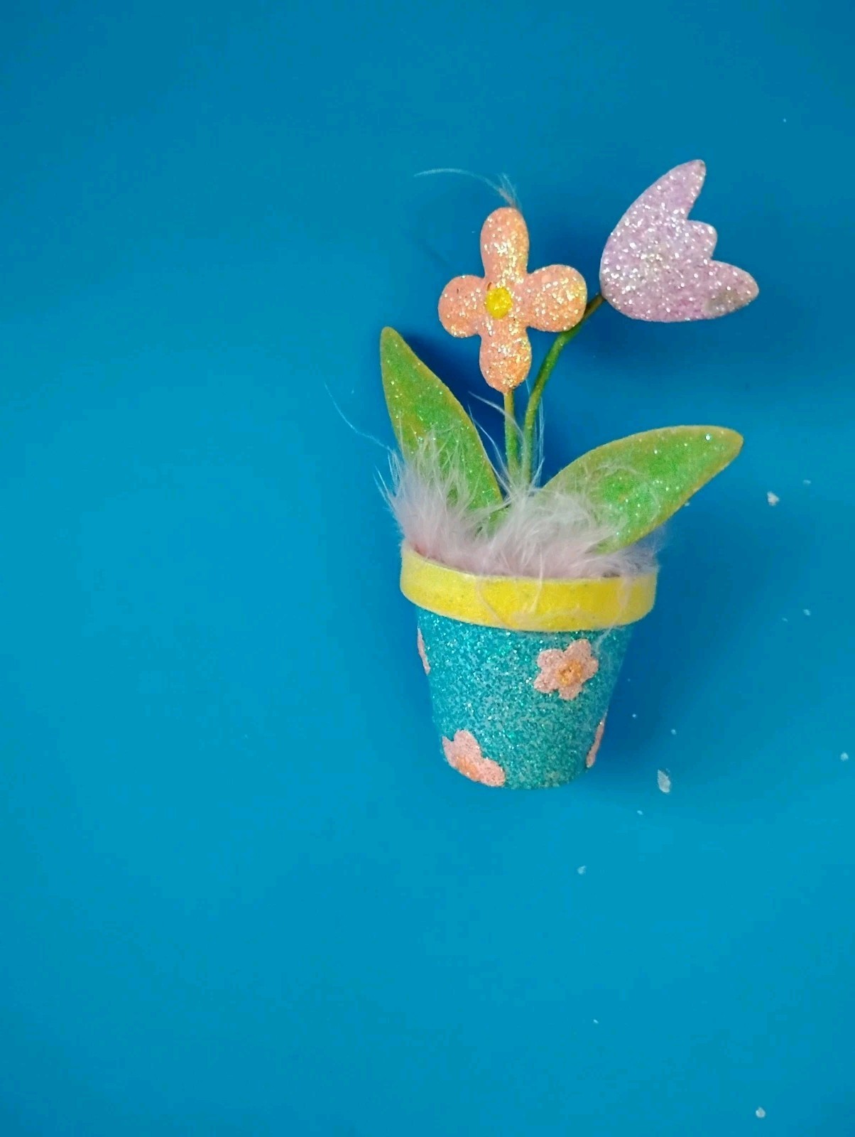 Pier 1 One Small Easter Spring Flowerpot Ornaments Glitter & Feathers Set Of 3