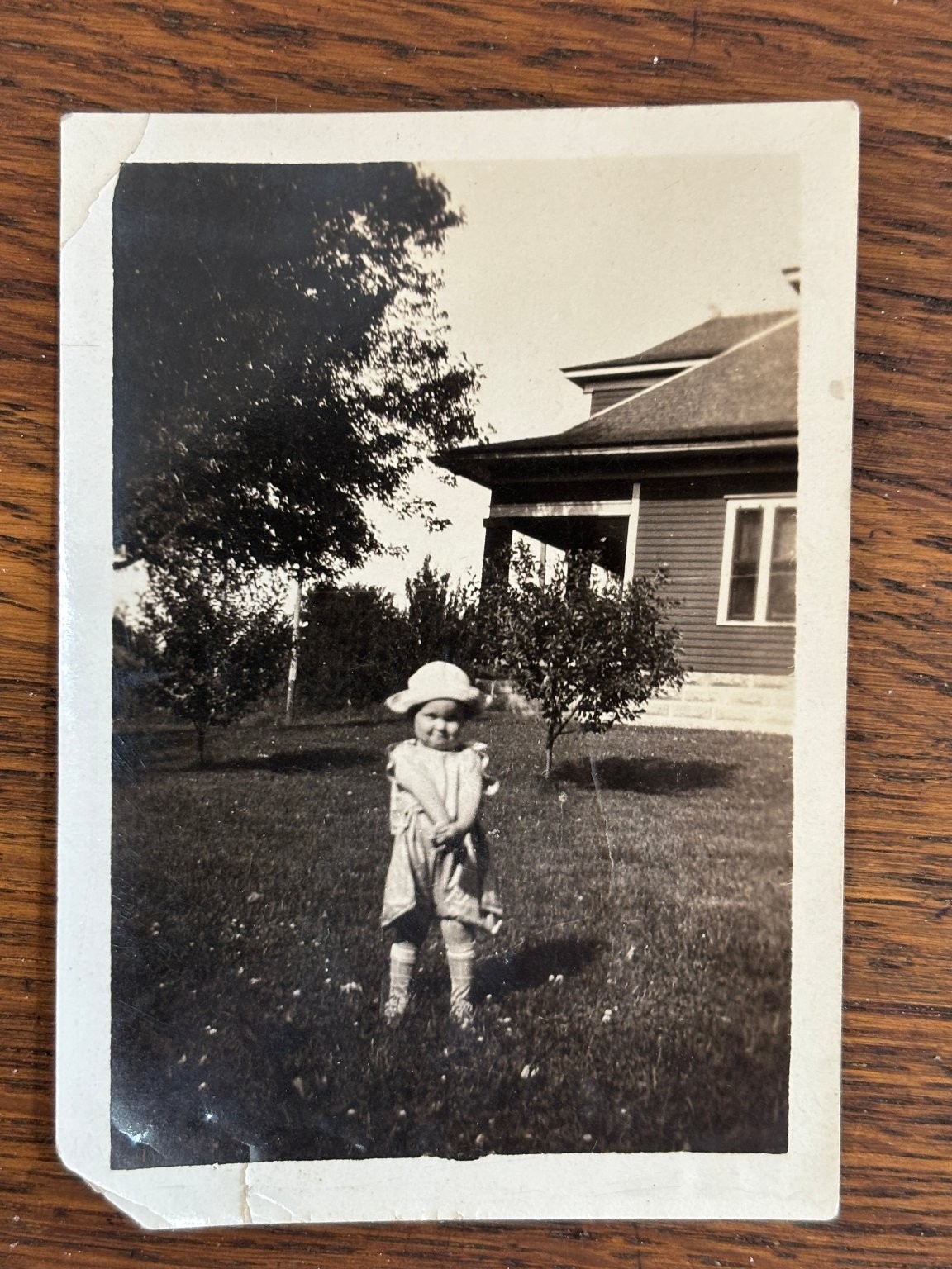 Toddler in Sun Hat 1920s Snapshot Photograph Rex Studio Trenton MO Missouri
