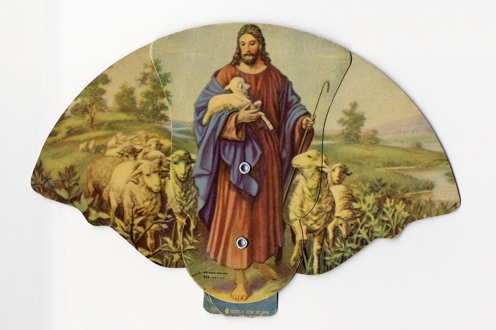RELIGIOUS Expanding Fan JESUS Lamb 1940’s GALION OHIO Hoffman Paint Advert