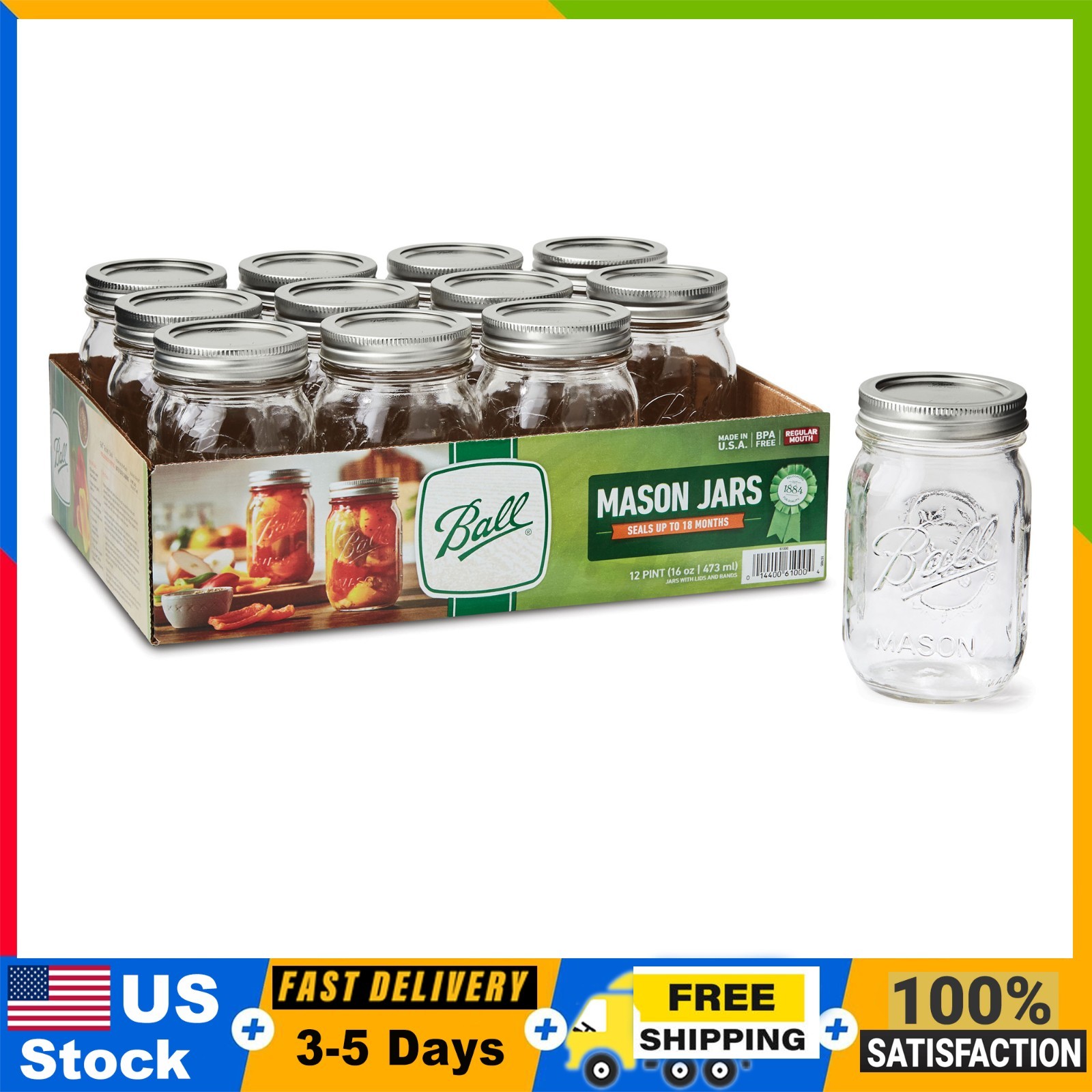 Ball 16 oz Mason Jars, Regular Mouth Pint Canning Jars with Lids and Rings, 12pc