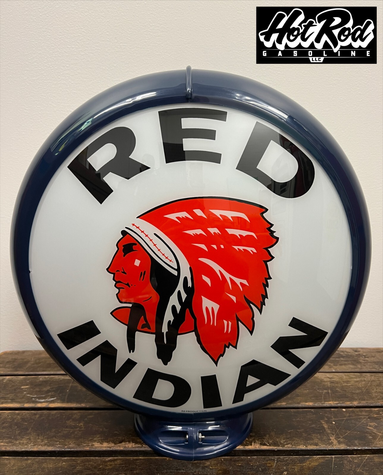 RED INDIAN Reproduction 13.5″ Gas Pump Globe – (Dark Blue Body)