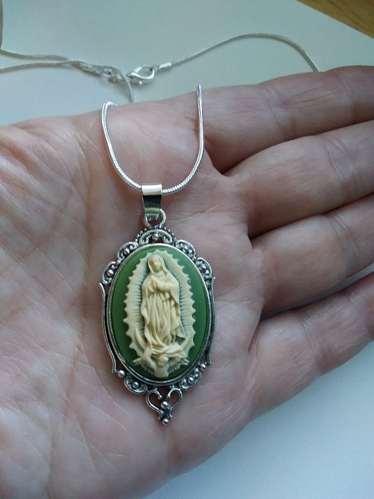 Our Lady of Guadalupe Medal Green Cameo necklace 925 sterling silver chain