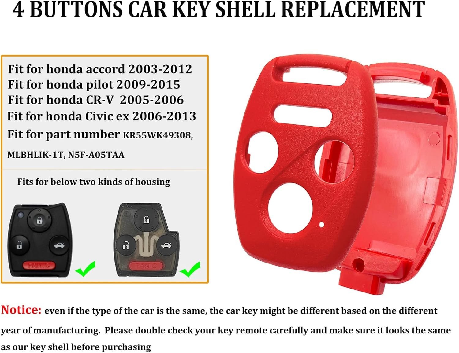 2 Pack Key Fob Shell Case Replacement Fits for Honda Accord 2003-2012 / Civic