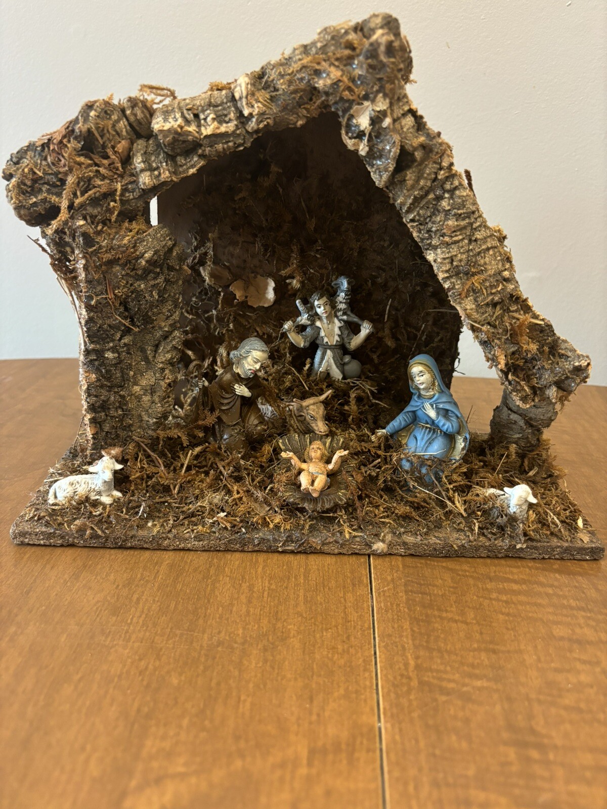 Vintage Yuletide Mid Century Bark Moss Christmas Nativity Set