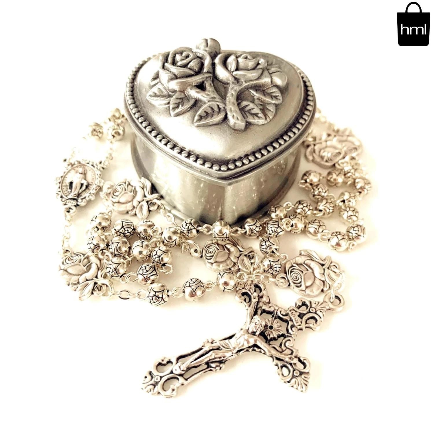 Handmade 925 Silver Rose Beads Catholic 5-decade Rosary with Cross Gift ..