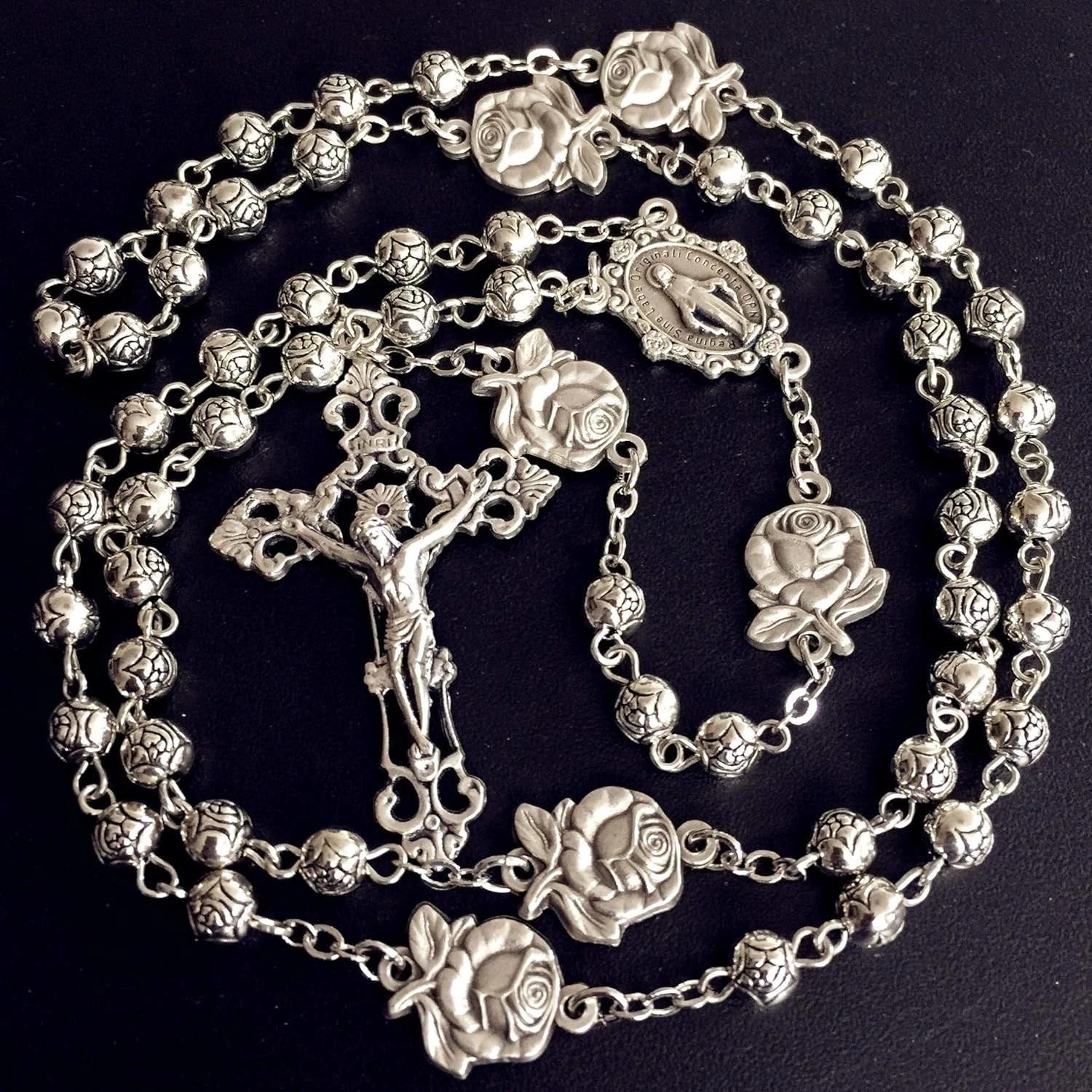 Handmade 925 Silver Rose Beads Catholic 5-decade Rosary with Cross Gift ..