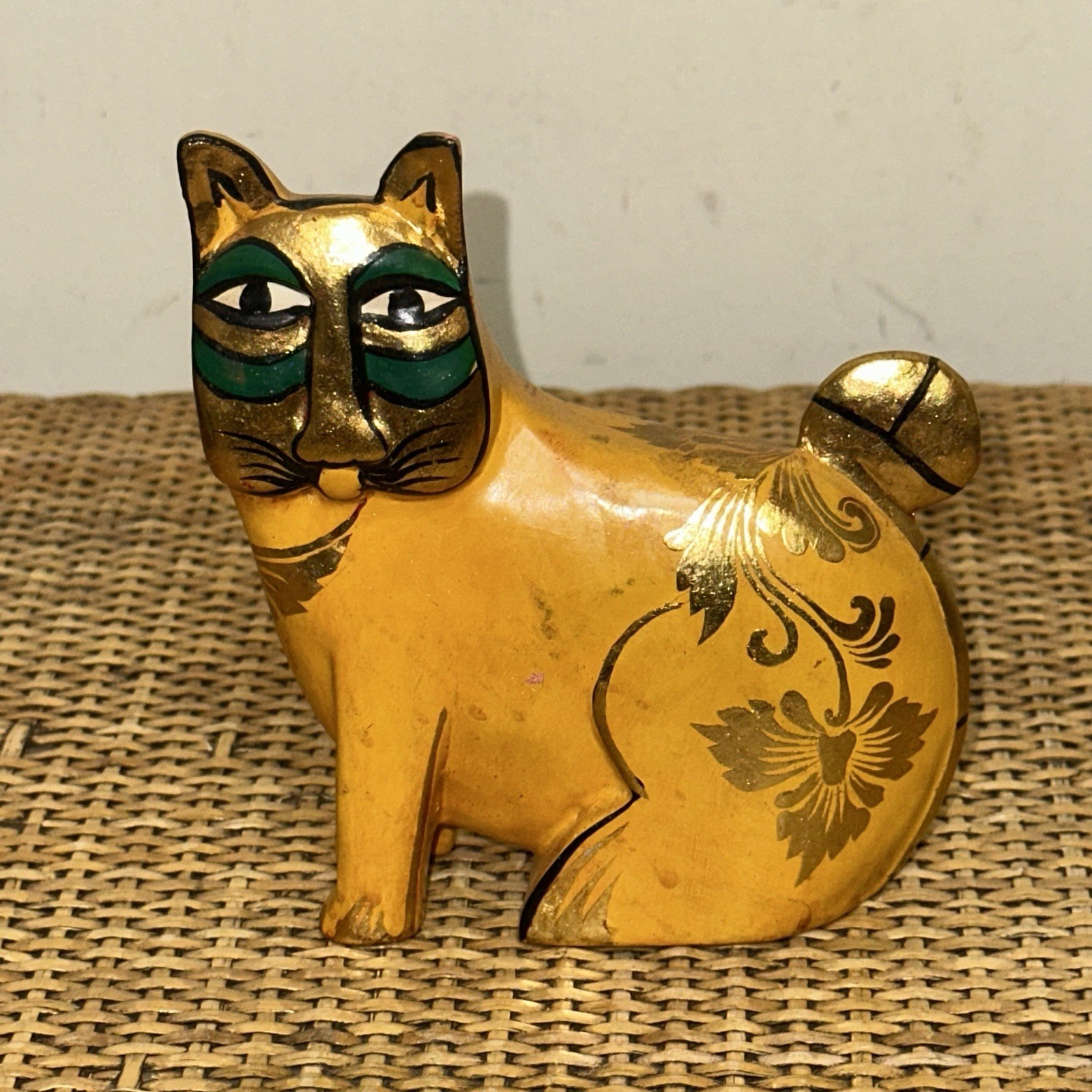 Vintage 1980s Laurel Burch Wooden Cat Figurine Gold Hand Painted Animal 5”