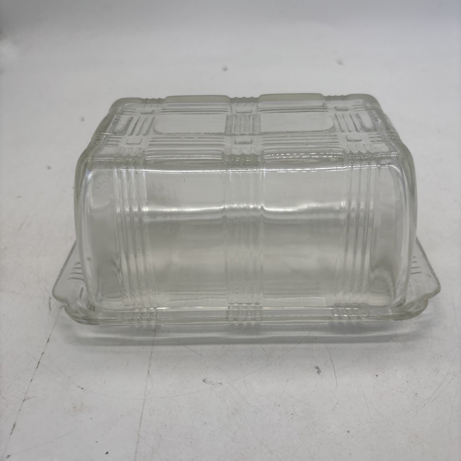 Vintage Clear Ribbed Glass Refrigerator Butter Dish w/ Lid 7x4x3.5” READ