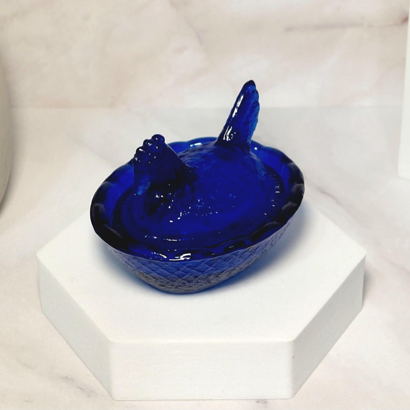 2 Hen on Nest Mini Chicken Salt Dish, Cobalt Blue Depression Style Glass Kitchen