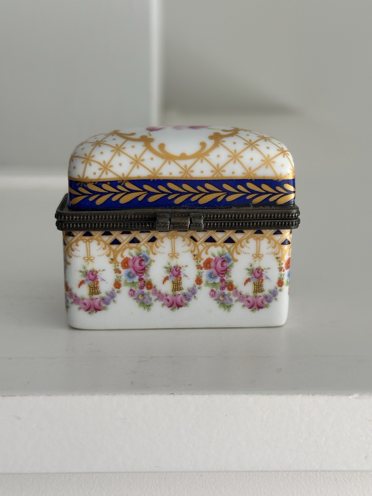 Porcelain Hinged Trinket Box with Rococo Floral Design France 1920’s