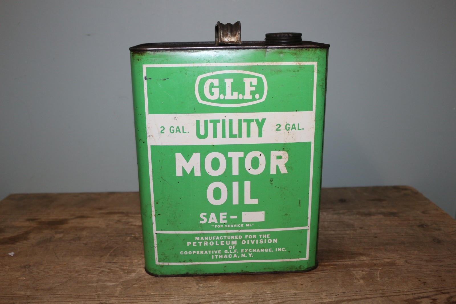 Vintage G.L.F. Utility Motor Oil 2 Gallon Metal Can Gas Station Sign