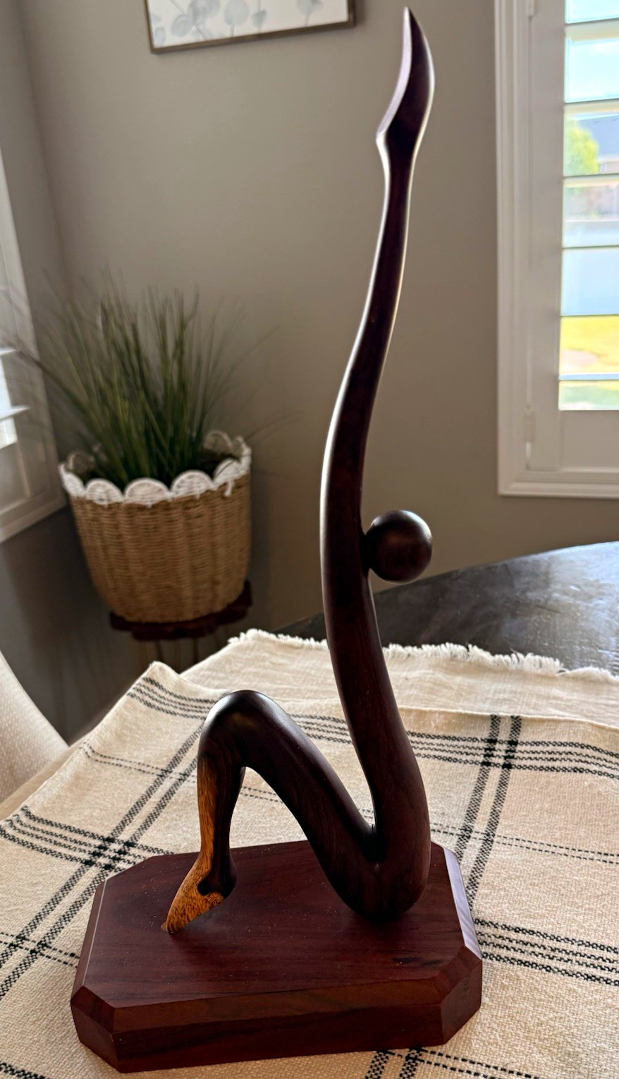 Hand Carved Abstract Wood Sculpture Figurine on Base Wood-Finished 15 in
