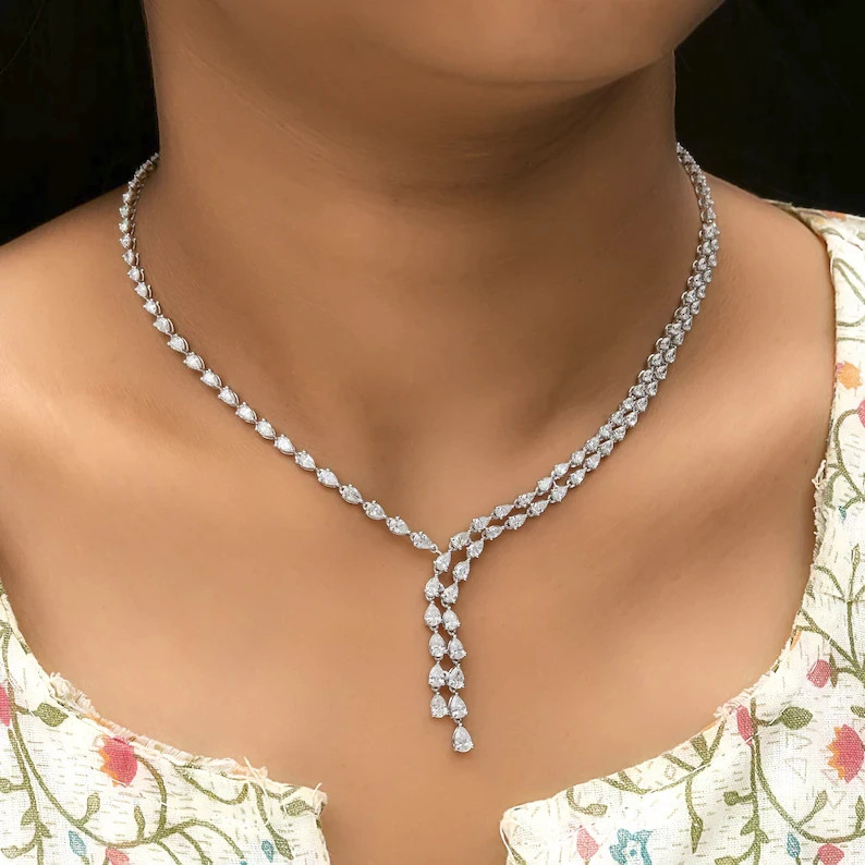 16.40Ct Pear Cut Diamond Bridal Lariat Necklace in 14K White Gold Over 16″ Women