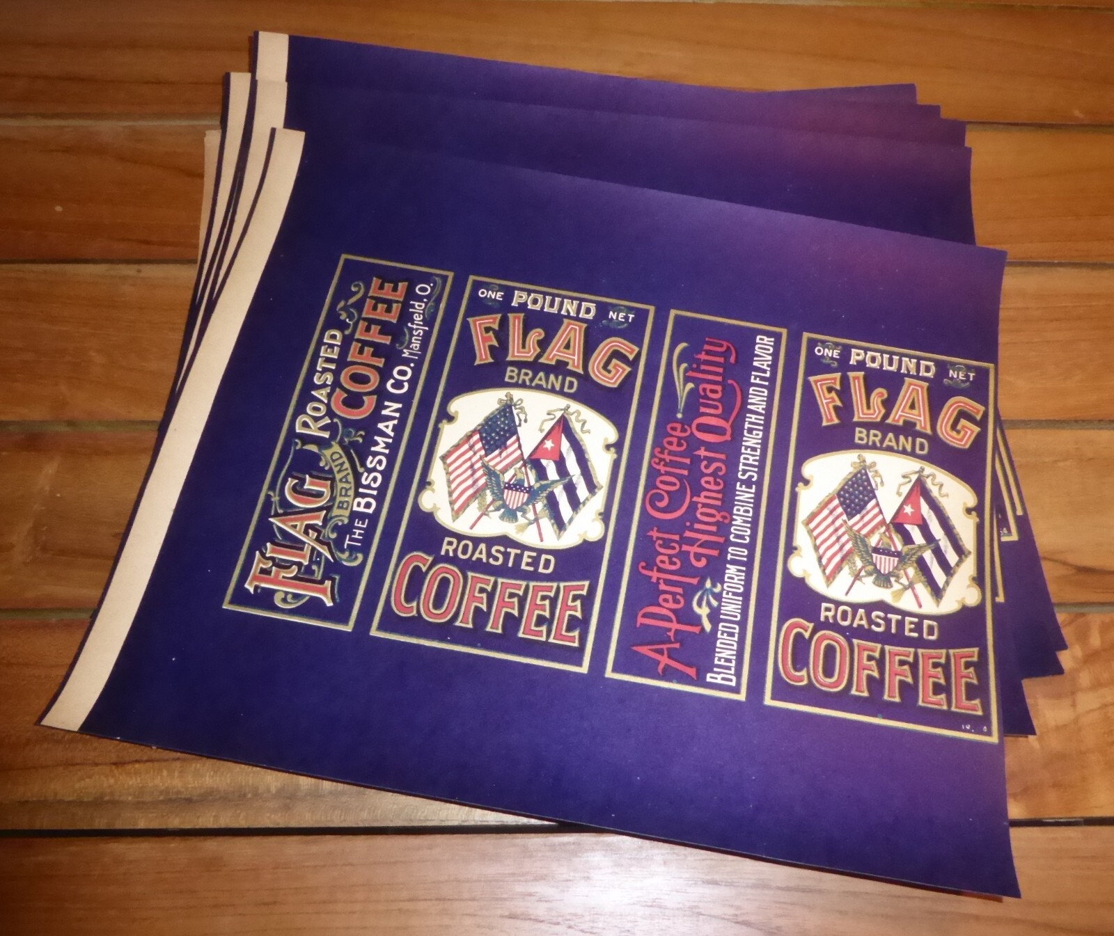 X10 WHOLESALE CAN LABEL VINTAGE COFFEE C1900 FLAG SPANISH AMERICAN WAR OHIO