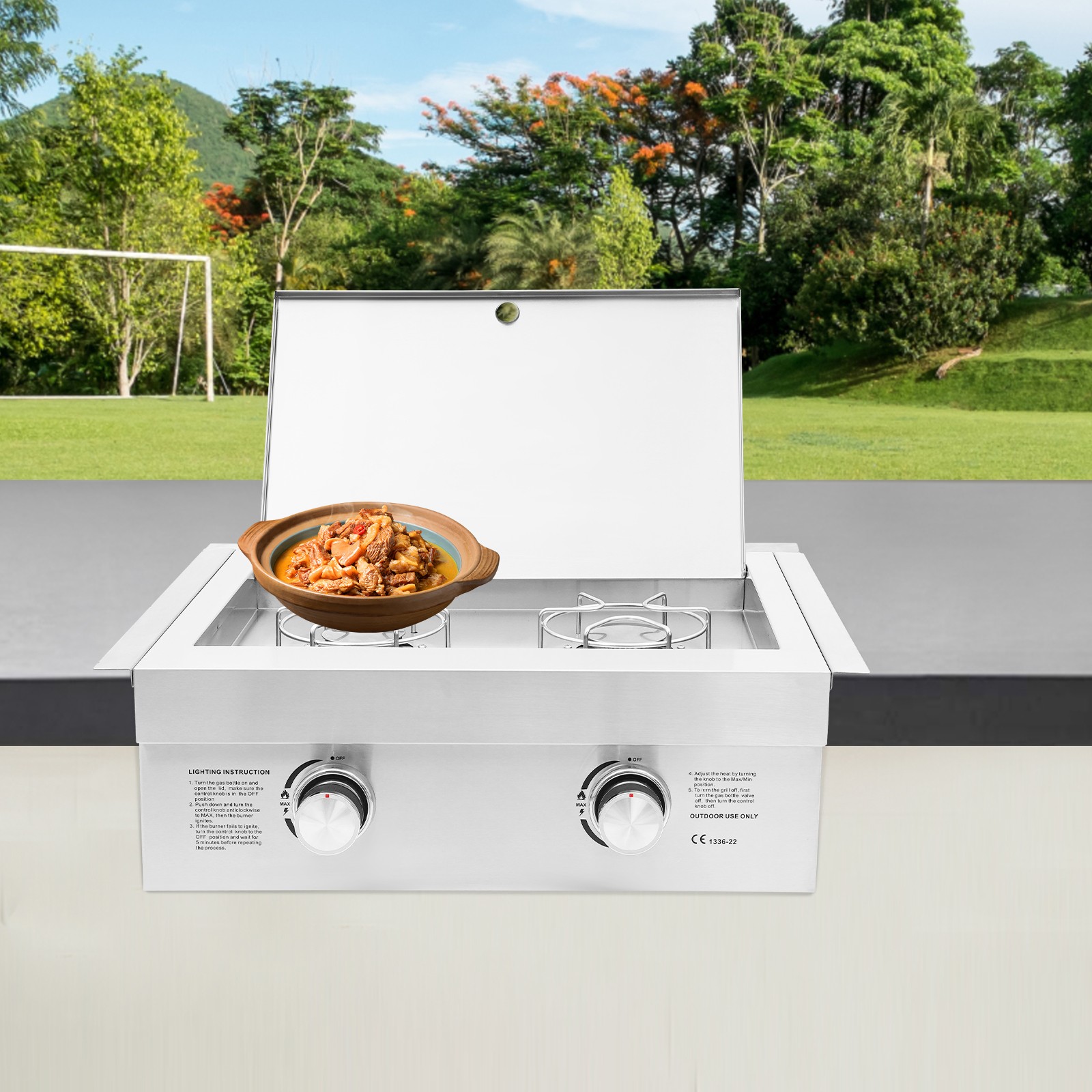 Stainless Steel Gas Stove, Double-burner Gas Stove with Cover Plate