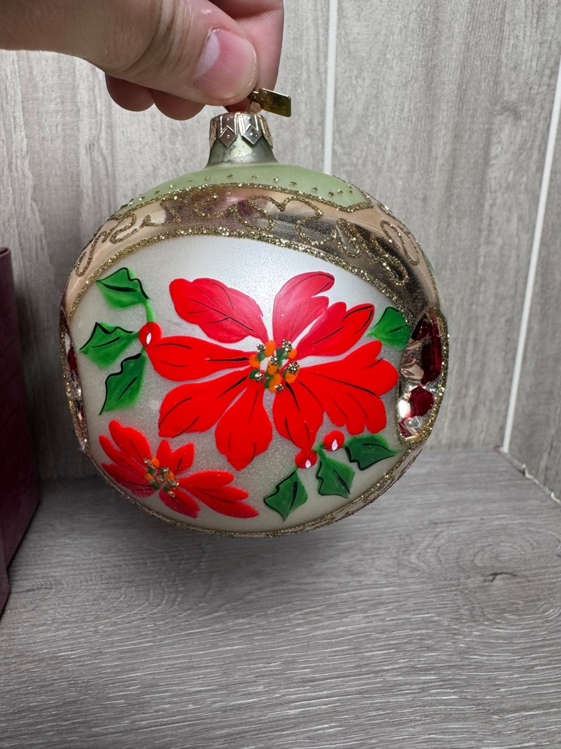 Hallmark Crown Reflections Blown Glass Ball Ornament Red Poinsettias Christmas