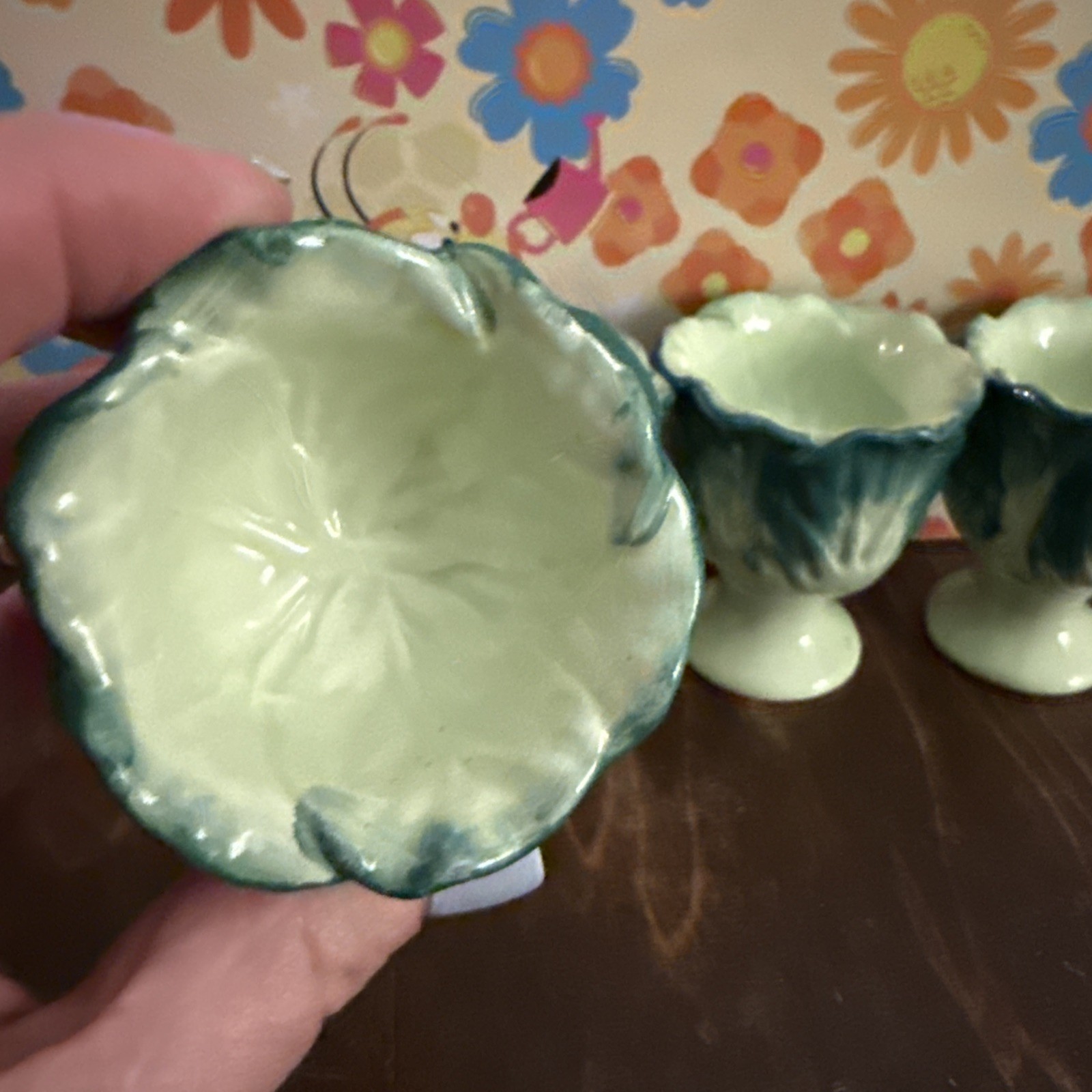 Vintage Ceramic Egg Cups 4 Anthropomorphic 1930’s 1950’s cabbage core