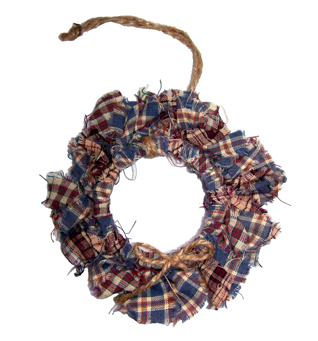 Primitive Country Rustic Mini Rag Wreath Ornament with Jute Rope