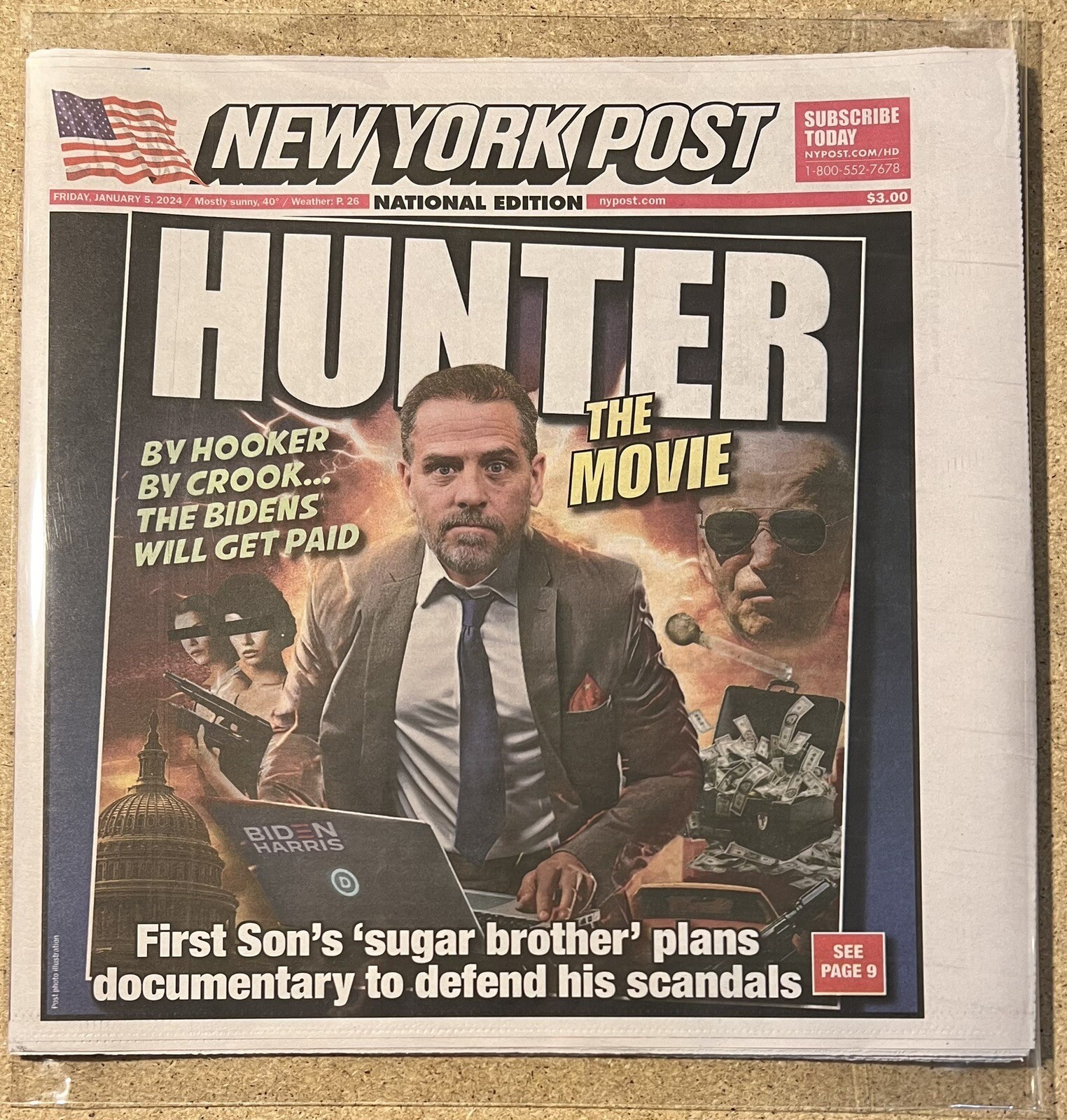 NEW YORK POST – 1/5/24 – FRONT: HUNTER BIDEN MOVIE – INSIDE: THE EPSTEIN FILES