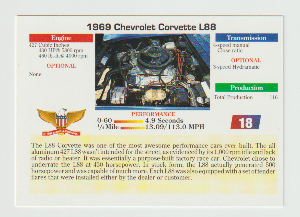 1992 Collect-A-Card Musclecars #18 1969 Chevrolet Corvette L88