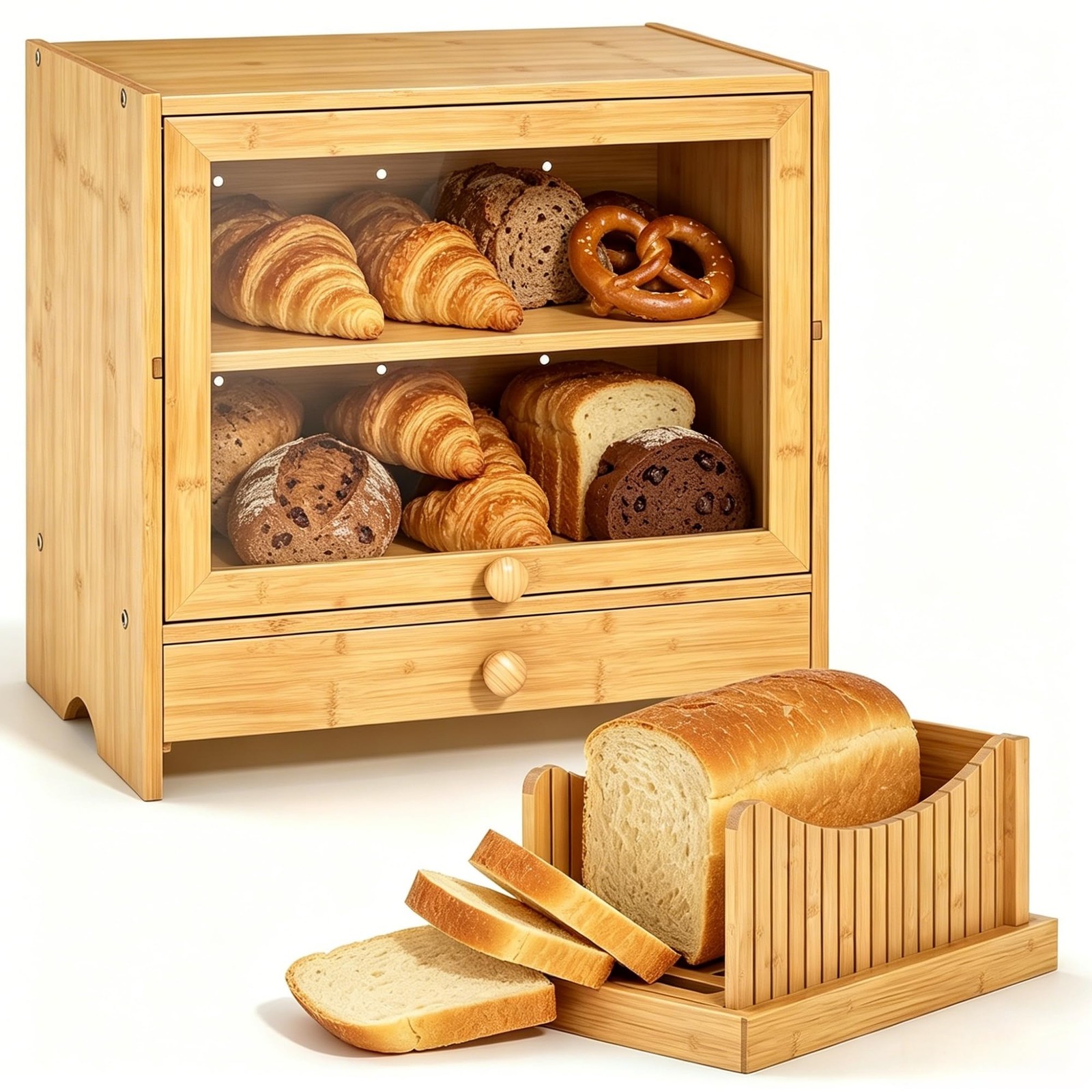 Extra Large Bread with Slicer 2 Tier for Homemade Bread, Wood Bread with Cutt…