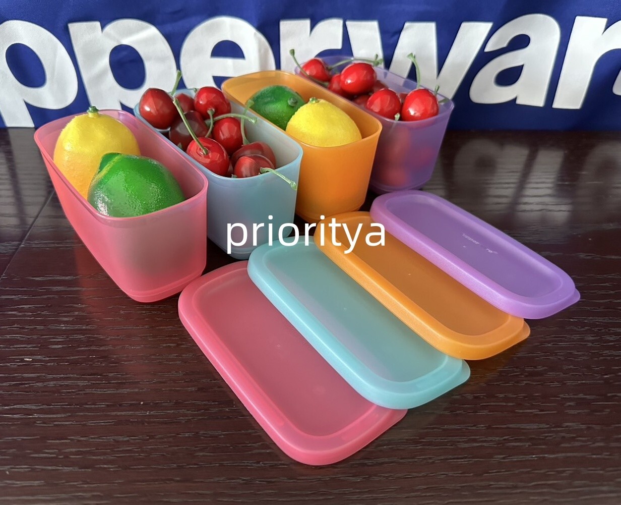 Tupperware Mini Basic Bright Rectangular Container Set 4 Sheer Rainbow Color New