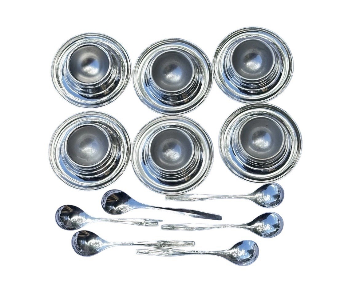 Vintage WMF Wilhelm Wagenfeld Bauhaus 6 Cup & 6 Spoon Set, Cromargan Germany