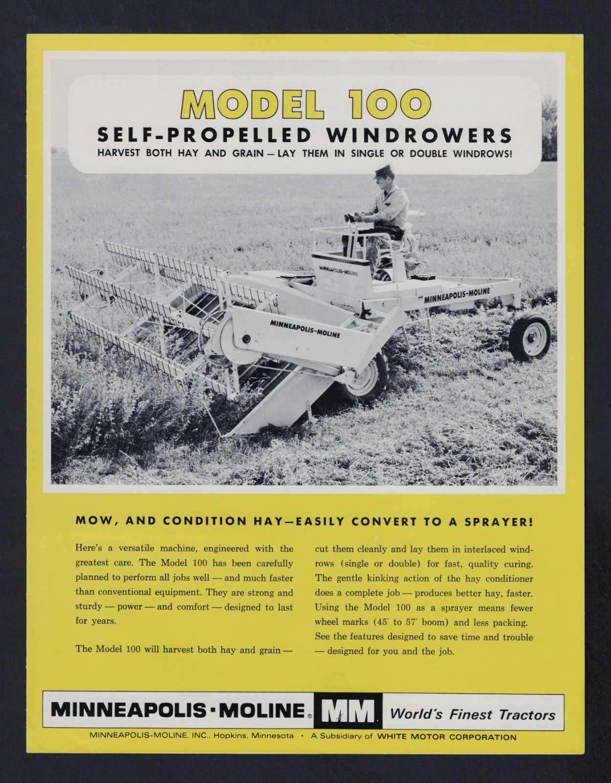 MINNEAPOLIS-MOLINE MODEL 100 SELF-PROPELLED WINDROWER 4 PAGE BROCHURE A86 [3-66]