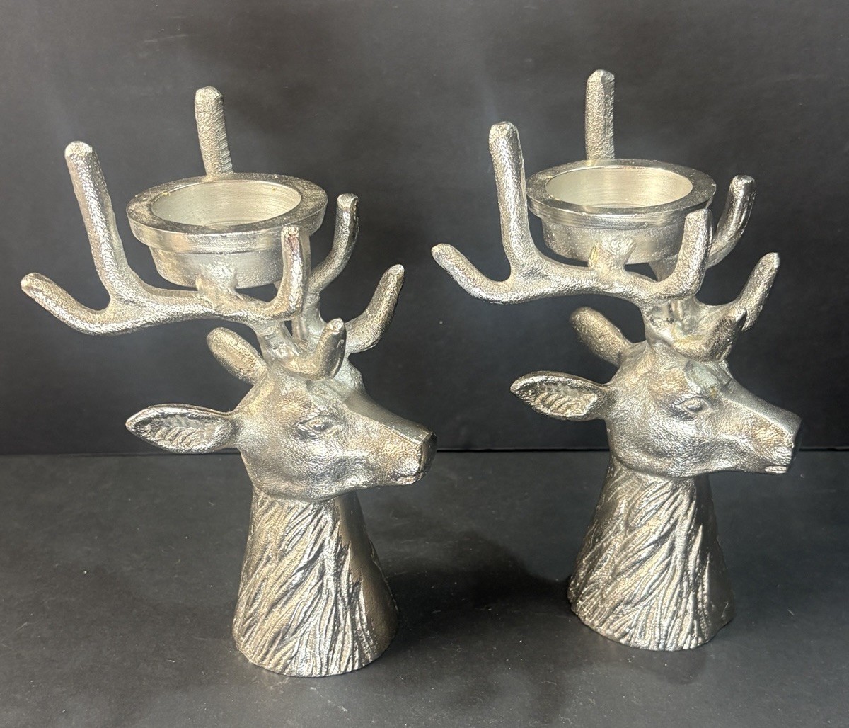Pair Of Reindeer Metal Candle holders in Silver Tone – Stag Buck Antlers