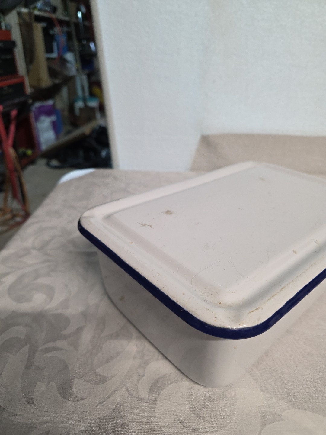 Vintage Enamel Ware Tub Farm House Square Bowl Pan 12” White Blue Basin Tray Lid