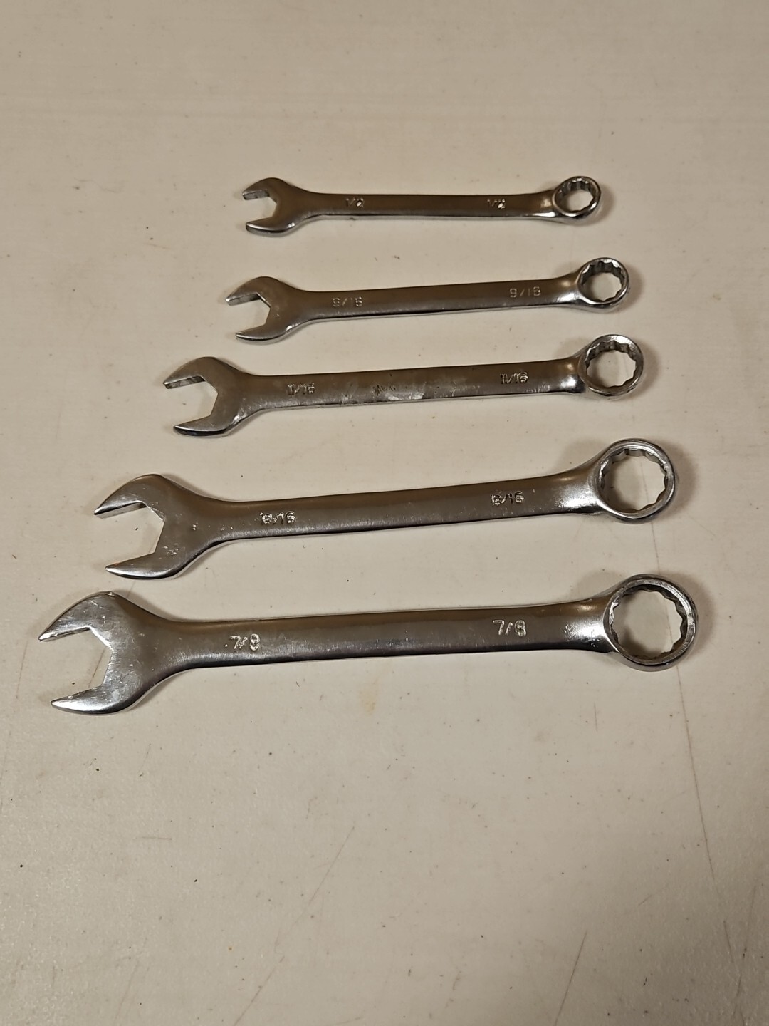 Combo wrenches Set of 5 7/8 13/16 11/16 8/16 1/2 Chrome Made in China