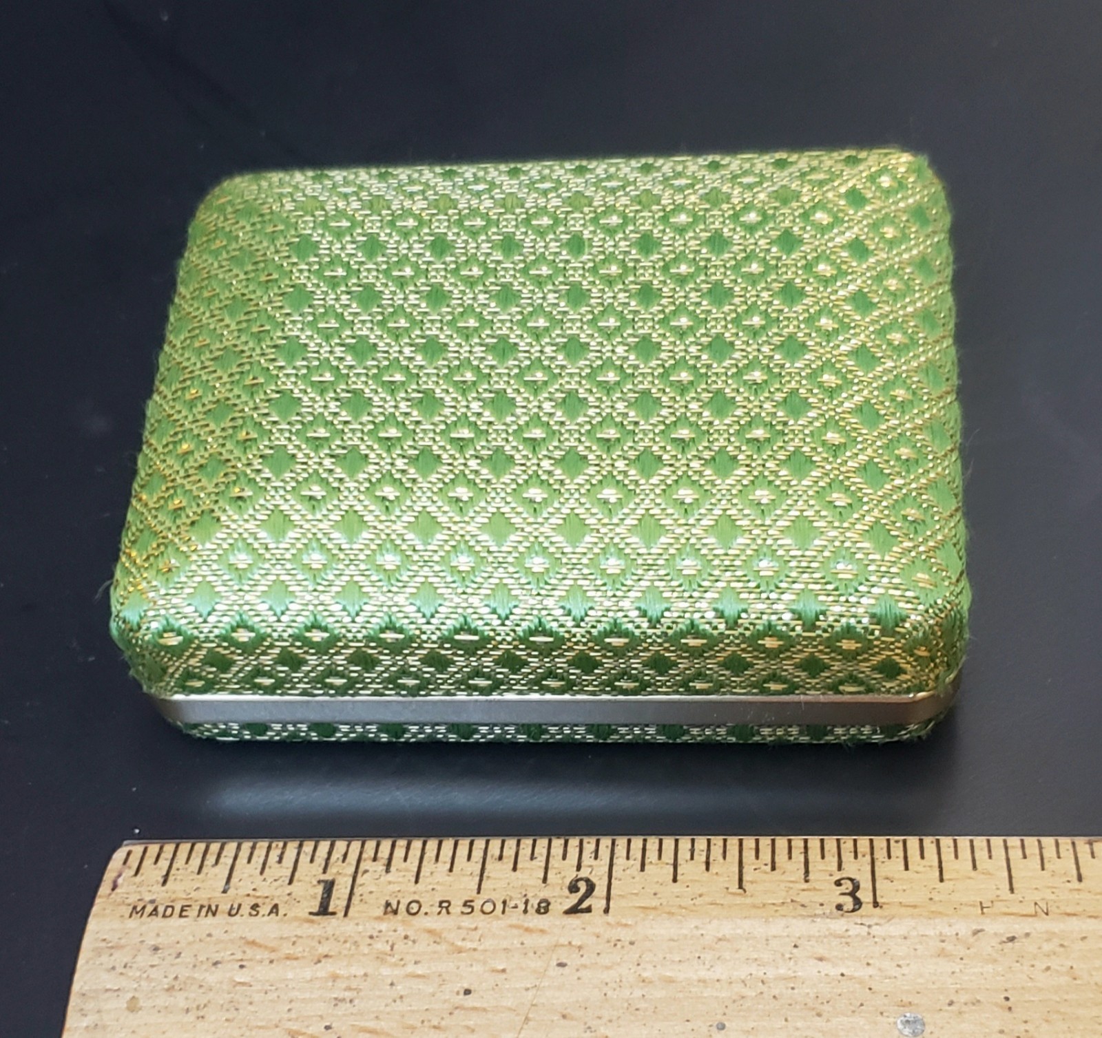 Vintage Belair Jewelry Box Green Gold Tone Cloth Cover Hinged Lid 3.5″ X 2.5″