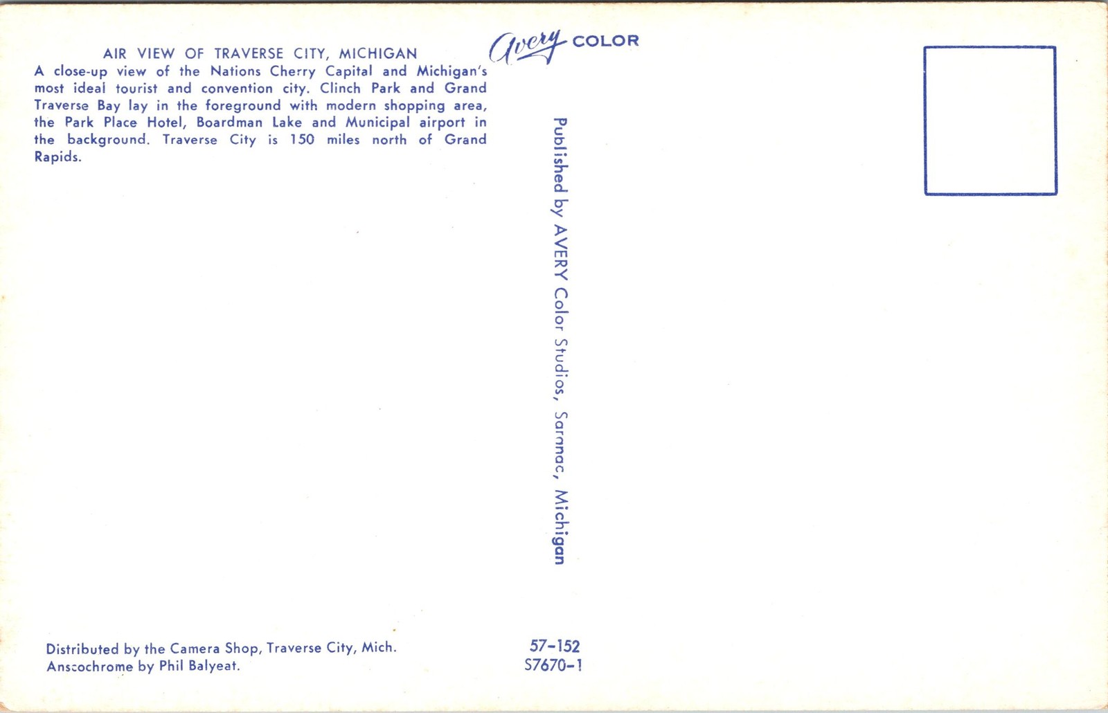 Avery Color Traverse City Michigan Air View Postcard Unposted Vintage 57-152