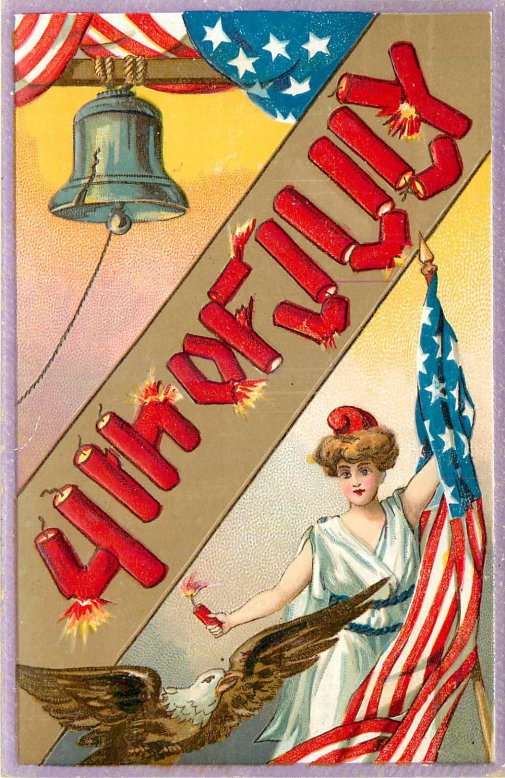 Antique 1919 4th of July Postcard Lady Liberty Fireworks Liberty Bell Embossed