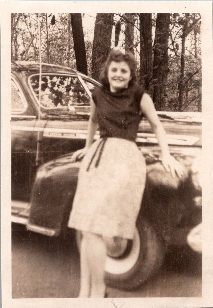 Vintage 1940s 1950s Snapshot Photo Young Woman Posing with Classic Car