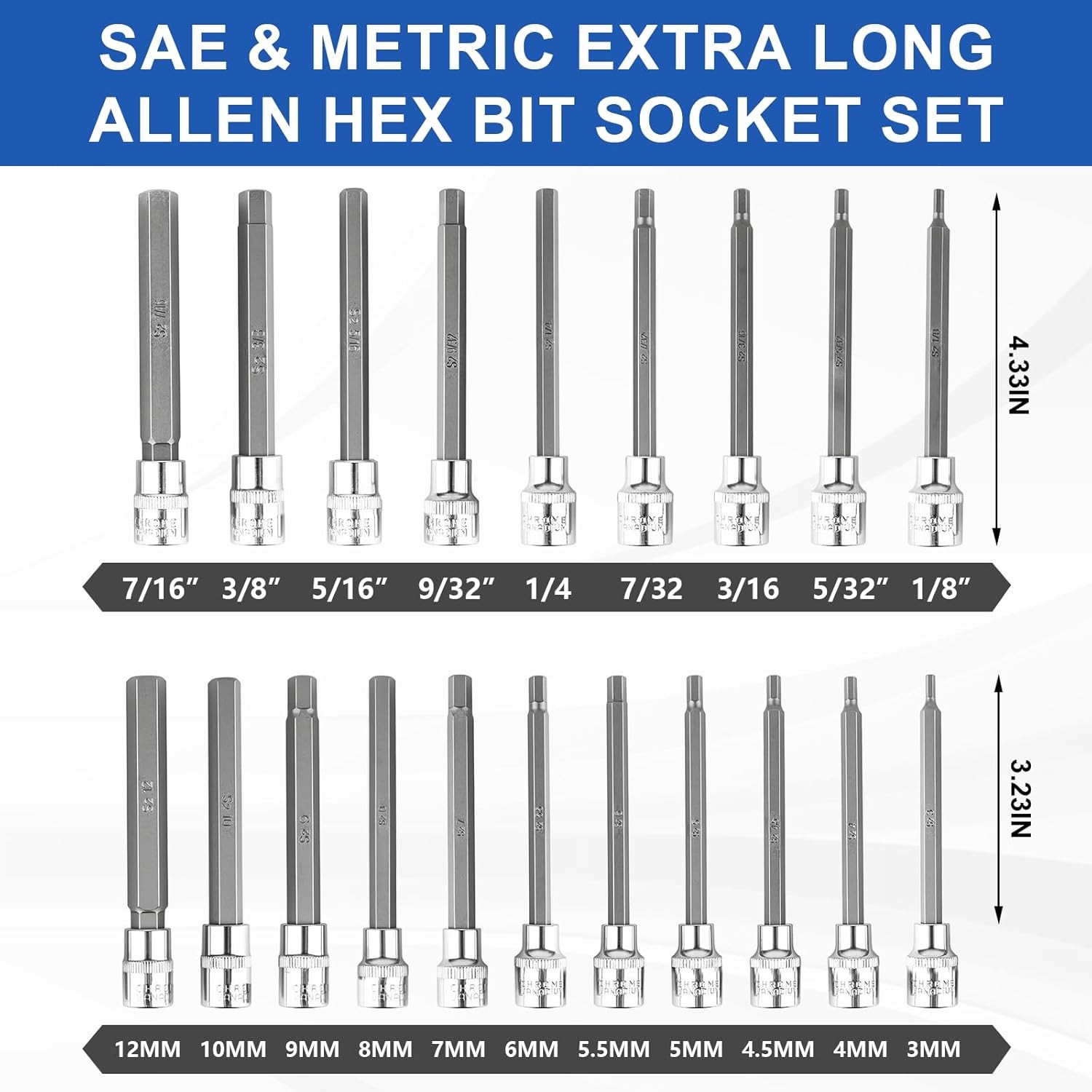 20PCS Extra-Long Allen Hex Bit Socket Set 3/8 Inch Drive Allen Socket Set SAE &