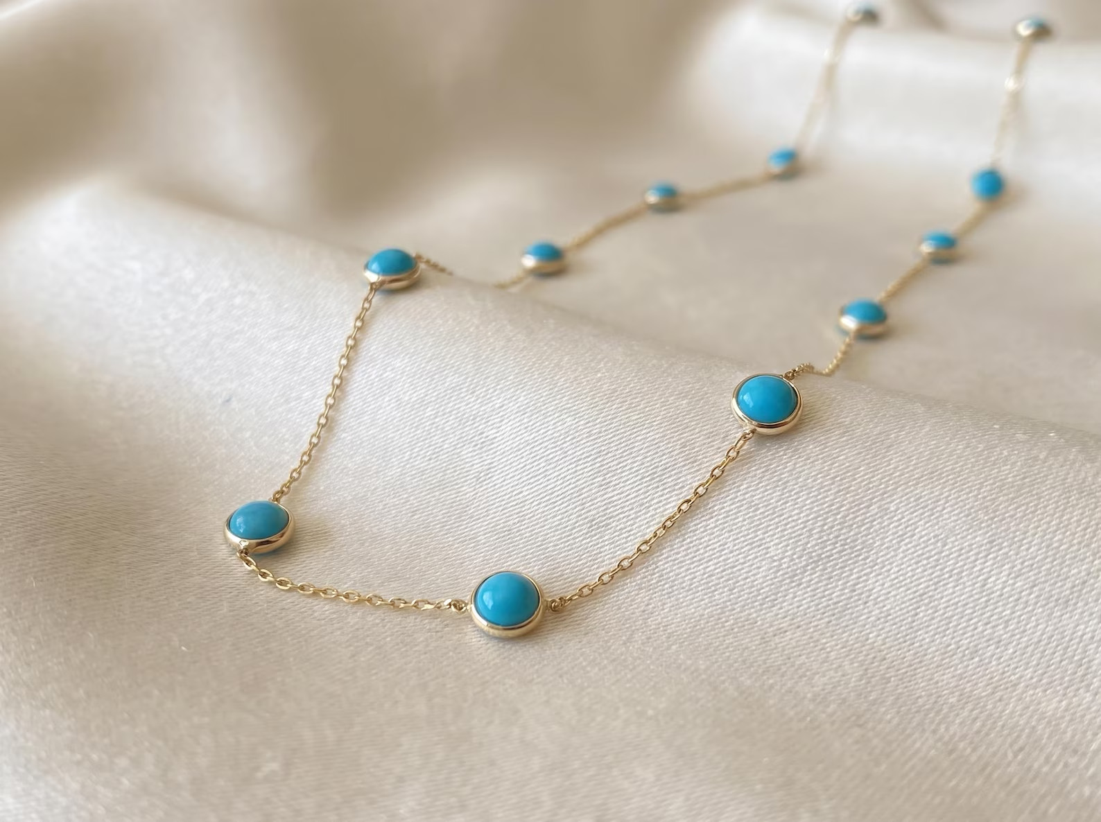 14K White Gold Over Bezel Set Sleeping Beauty Turquoise 18″ChainStation Necklace
