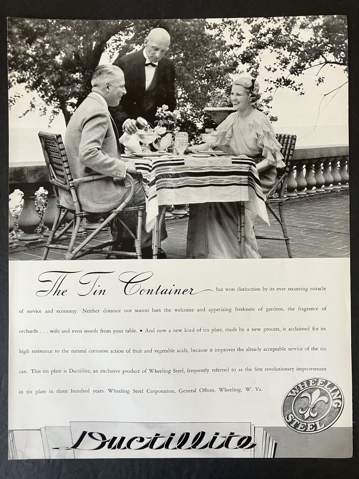 1935 Wheeling Steel Ductillite Tin Plate Couple Veranda Picnic Vintage Print Ad
