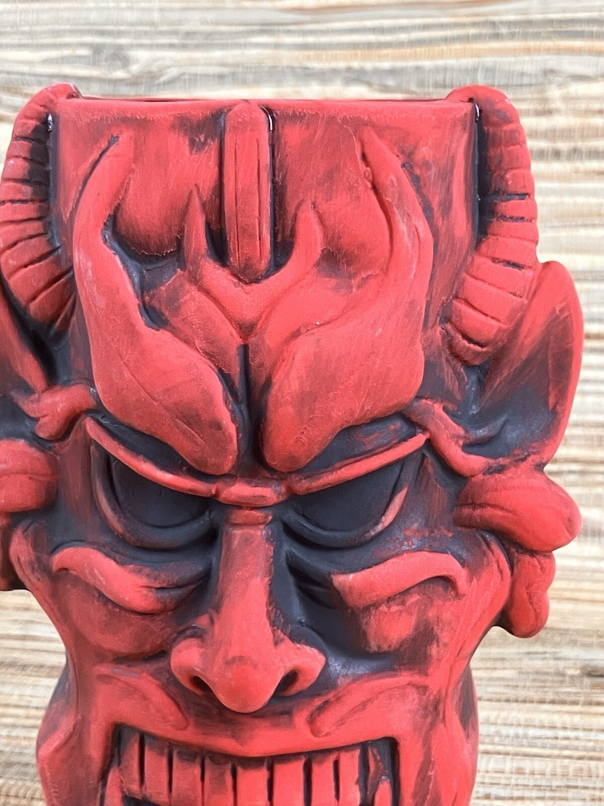 Red Demon Devil Tiki Mug Ceramic Cup 6.25″ Tall Red Glaze 16 Oz New