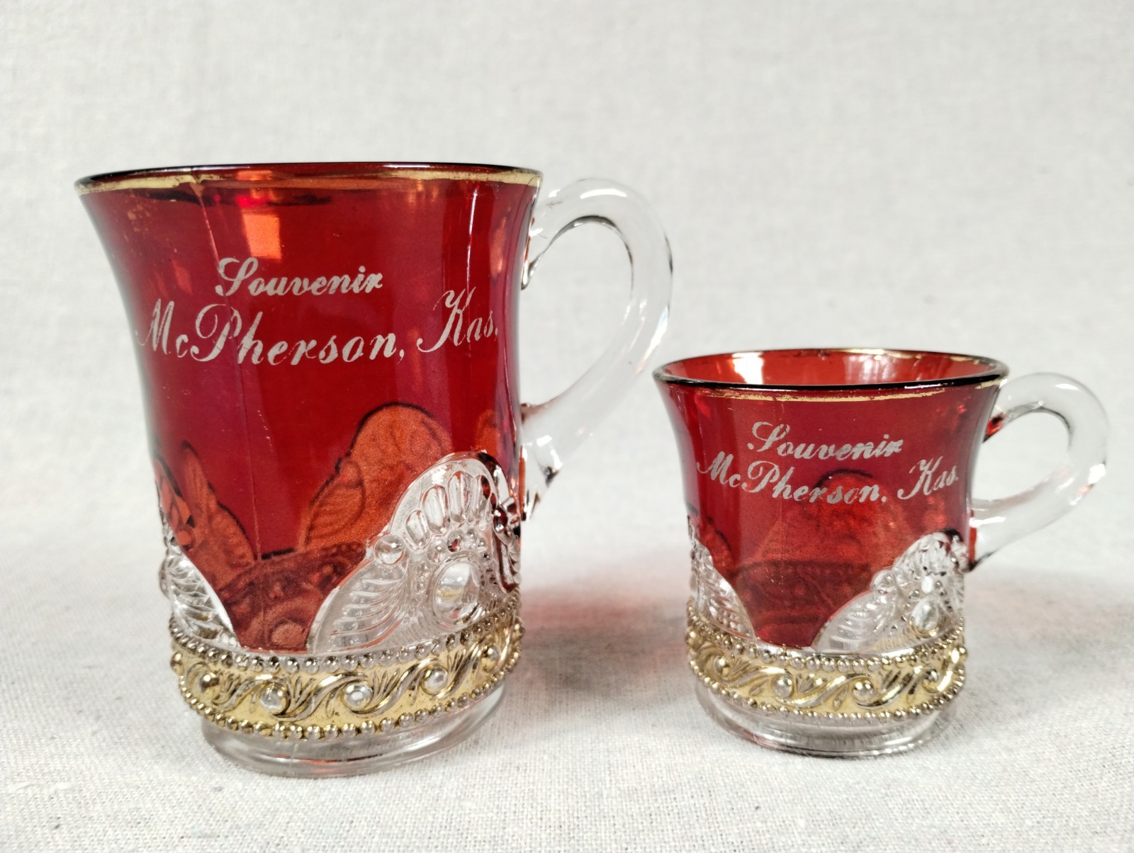 Antique Ruby Flash EAPG Pressed Glass Souvenir McPherson, Kansas Large Small Cup