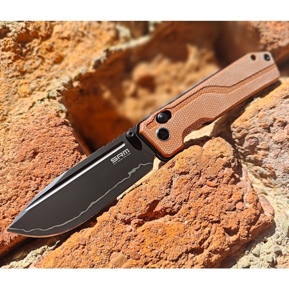 SRM Knives Rubik 7228BMN2 Ambi Lock Brown Micarta Folding 140Cr Pocket Knife