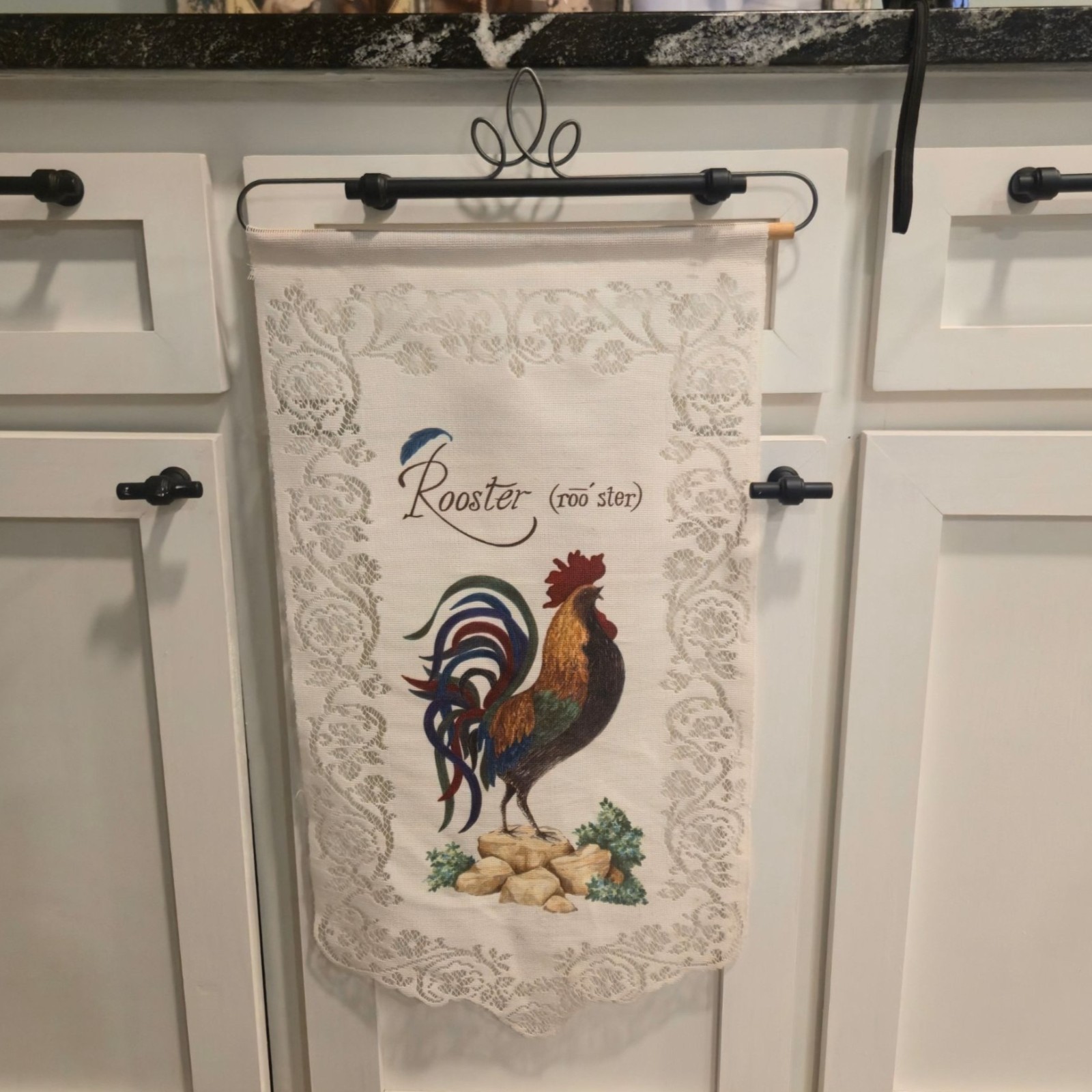 Vintage Rooster Lace wall hanging Farmhouse Cottagecore chicken decor