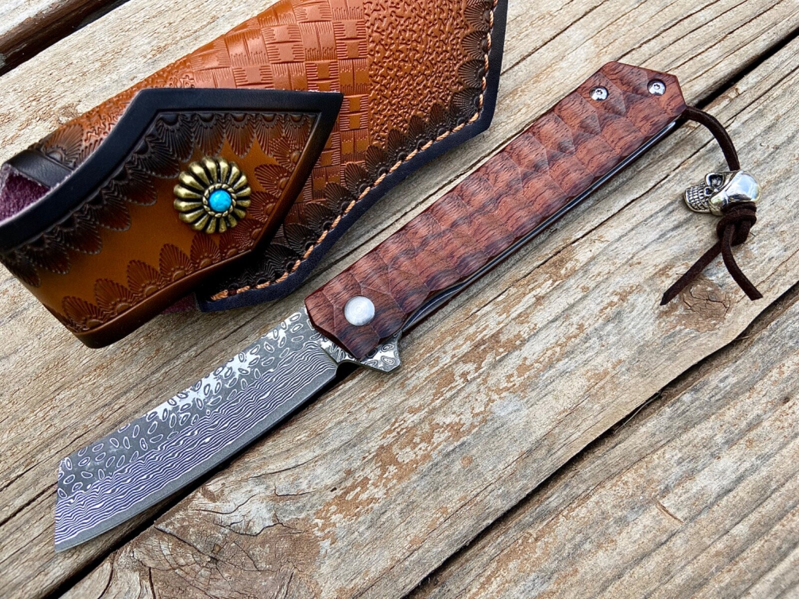 Custom Damascus Steel EDC Pocket Knife, Rosewood Handle, Ball Bearing Pivot